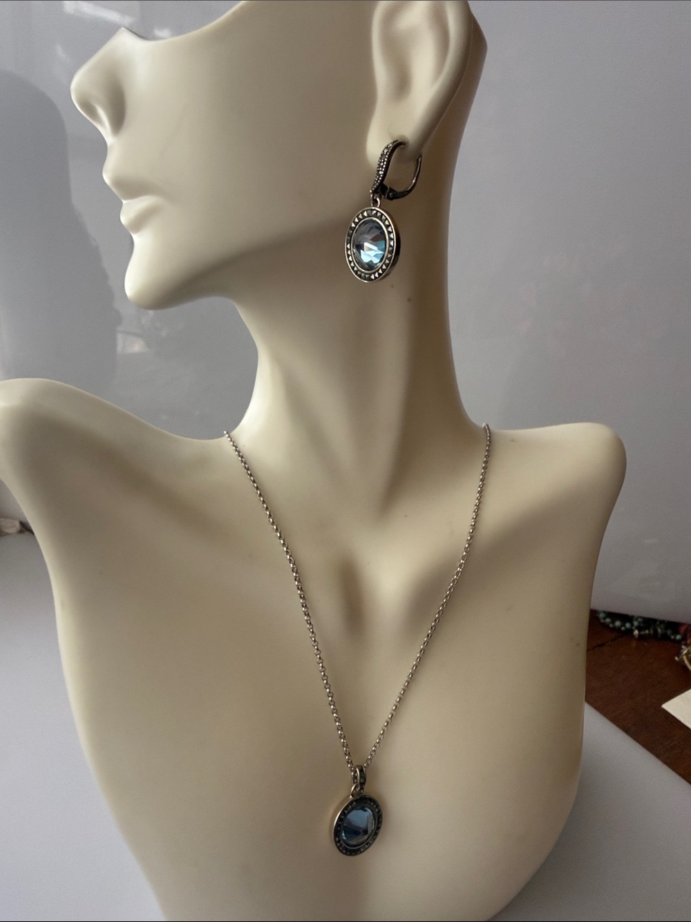 Judith Jack 925 Marcasite Blue Crystal Necklace and Earrings Set